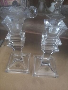 Pair of Clear Glass Candlestick Holders